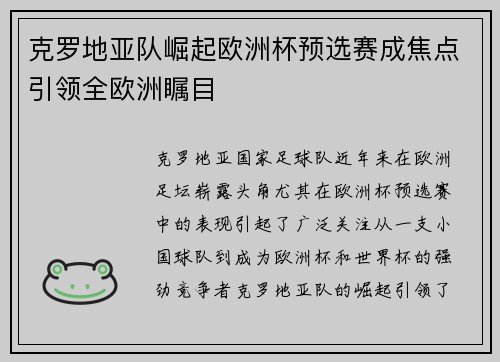 克罗地亚队崛起欧洲杯预选赛成焦点引领全欧洲瞩目