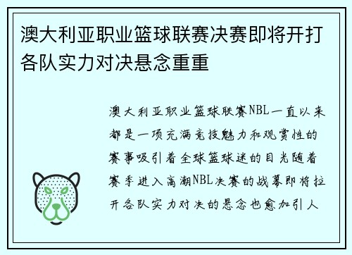 澳大利亚职业篮球联赛决赛即将开打各队实力对决悬念重重