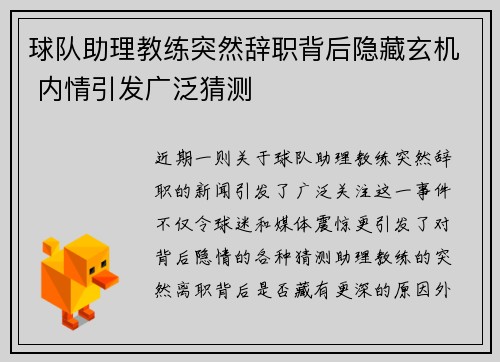 球队助理教练突然辞职背后隐藏玄机 内情引发广泛猜测