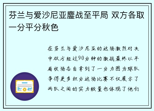 芬兰与爱沙尼亚鏖战至平局 双方各取一分平分秋色