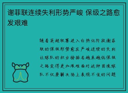 谢菲联连续失利形势严峻 保级之路愈发艰难